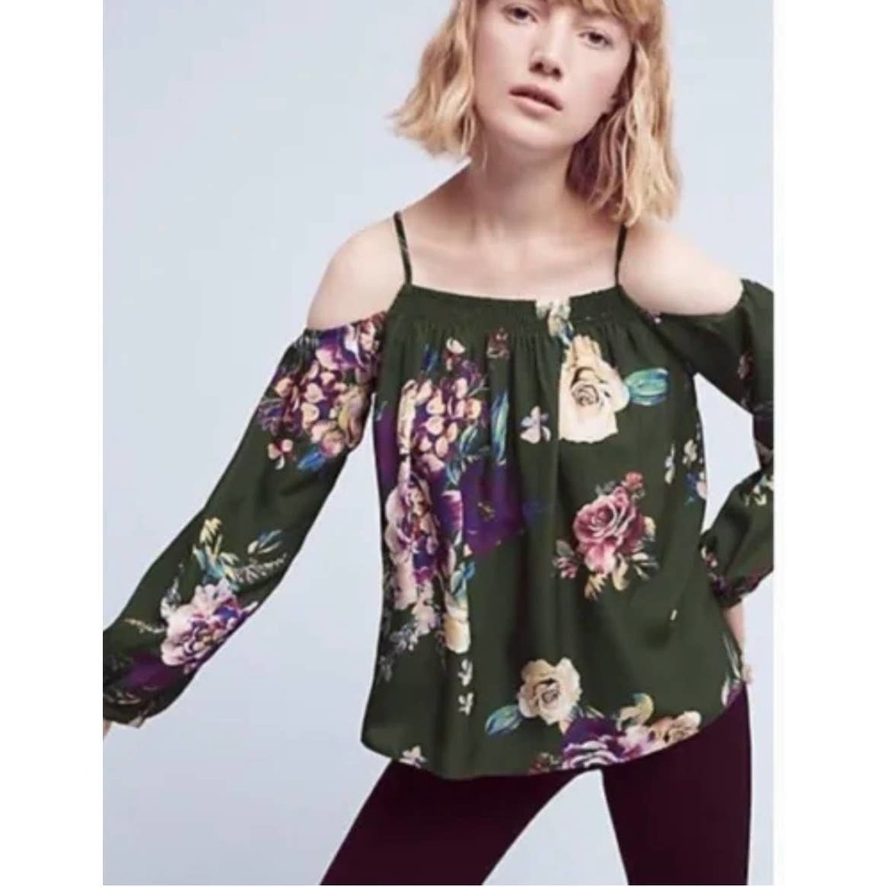 Maeve Tallie Open Shoulder Silk Blouse Size Medium Green Floral Anthropologie